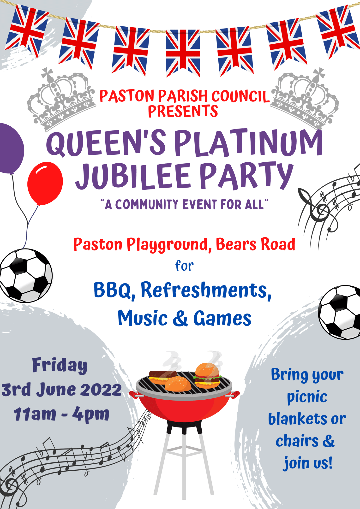 Queen's Platinum Jubilee Poster: Friday 3rd June, 11am-4pm at the Playground, Bears Road. BBQ, refreshments, music & games